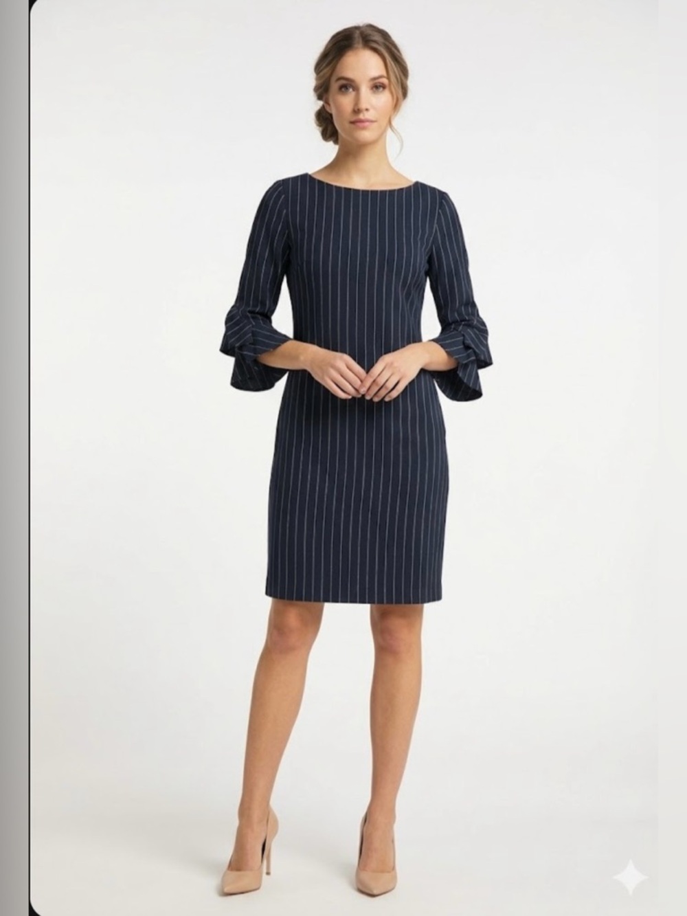 Karl Lagerfeld Paris Navy Pinstripe Ruffle-Sleeve Shift Dress
